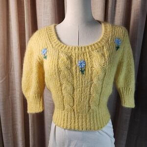 Alessandra Rich Alpaca Mohair Cable Knit Sweater IT 42 Floral Puff Sleeve Yellow